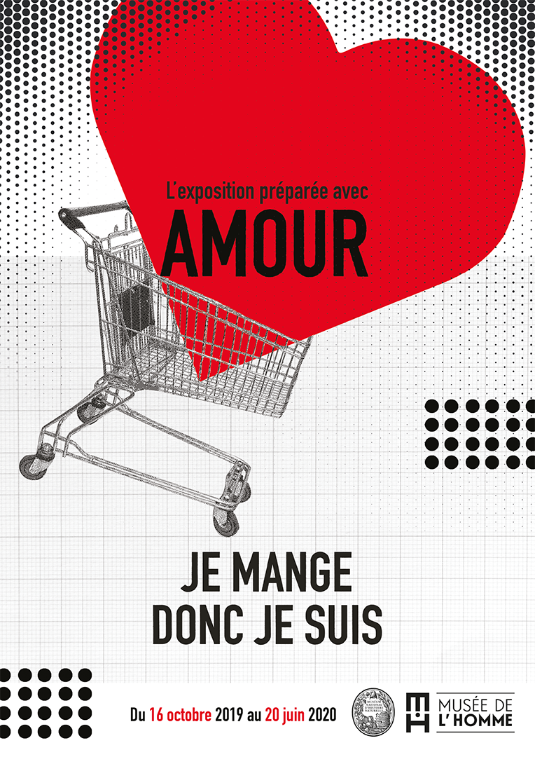 Affiche publicitaire n°3 réalisée par Clémence Gay pour l'exposition "Je mange donc je suis" du Musée de l'Homme : le caddie